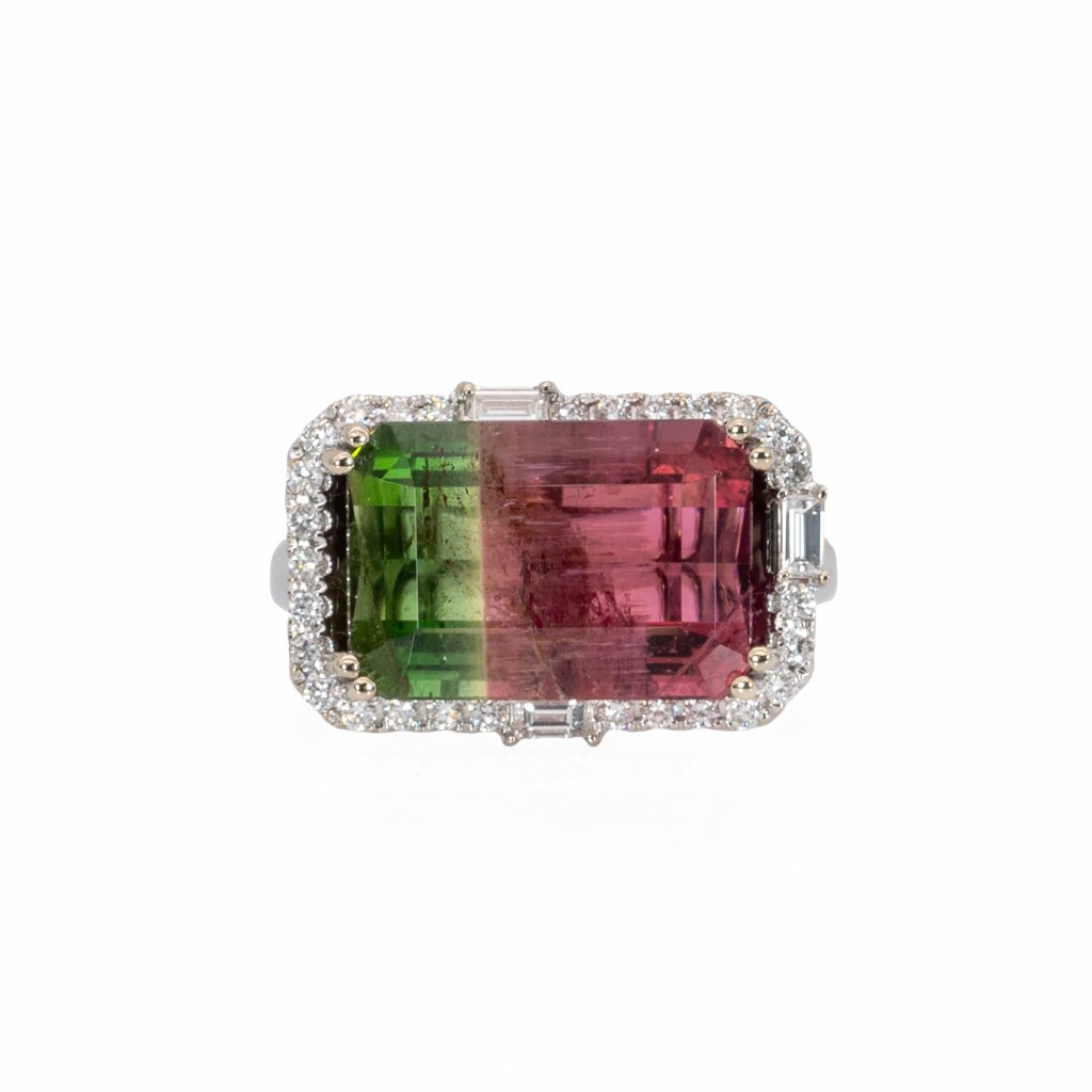 6.65ct Watermelon Tourmaline Ring In Solid 14k White Gold With Natural Diamonds